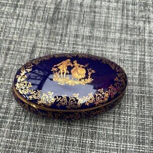 Limoge Cobalt Blue And Gold Oval Trinket Dish And Lid